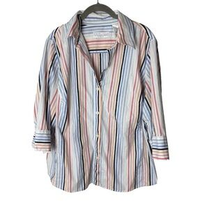 First Issue Shirt Plus Size 2 2X Blouse Top 3/4 Sleeves Cotton Stripes Blue